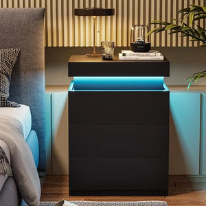 Nightstand w/ Charging Station & LED Lights, Night Stand w/ Sliding Top - NuBloom Lifestyle
