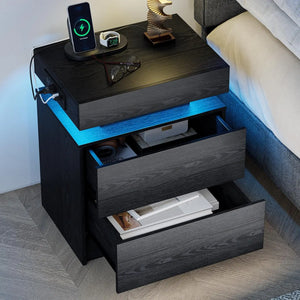 Night Stand with Charging Station, Modern Black Nightstand with LED Light - NuBloom Lifestyle