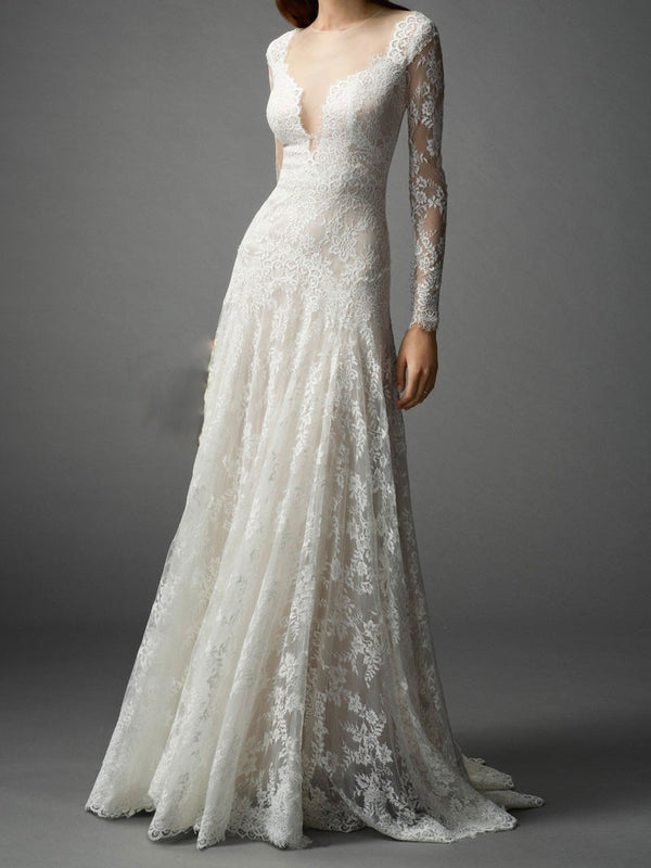Slim A-line Lace Wedding Dress with Long Sleeves – JoJo Shop