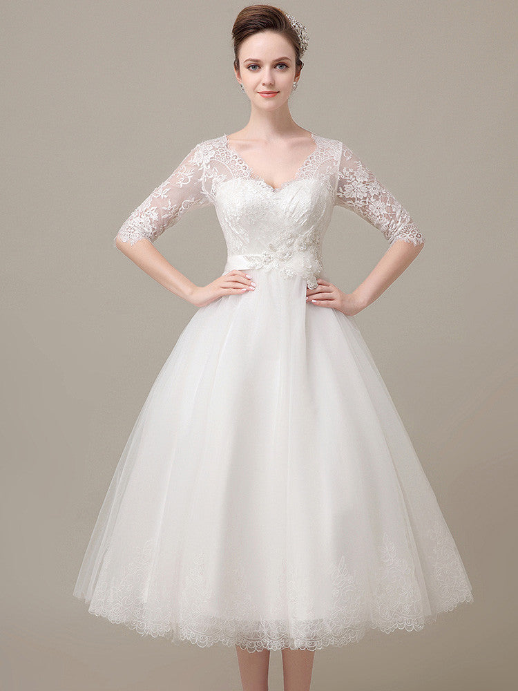 long sleeve tea length wedding dress