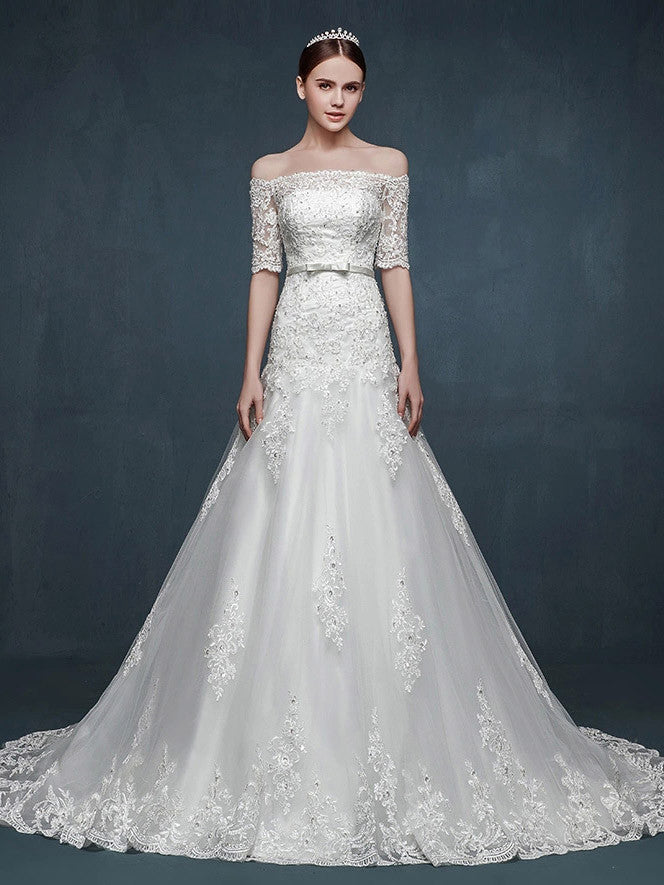 Off Shoulder A Line Lace Wedding Dress With Dropped Waist Jojo Shop