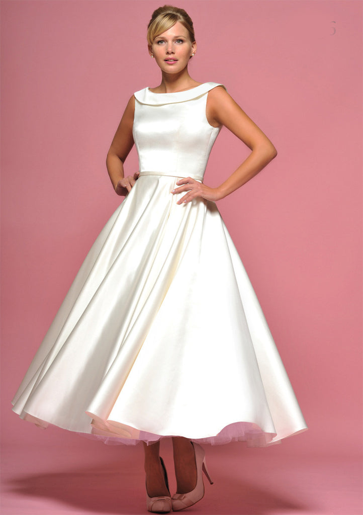 Retro Tea Length Satin Wedding Dress with Collar – JoJo Shop