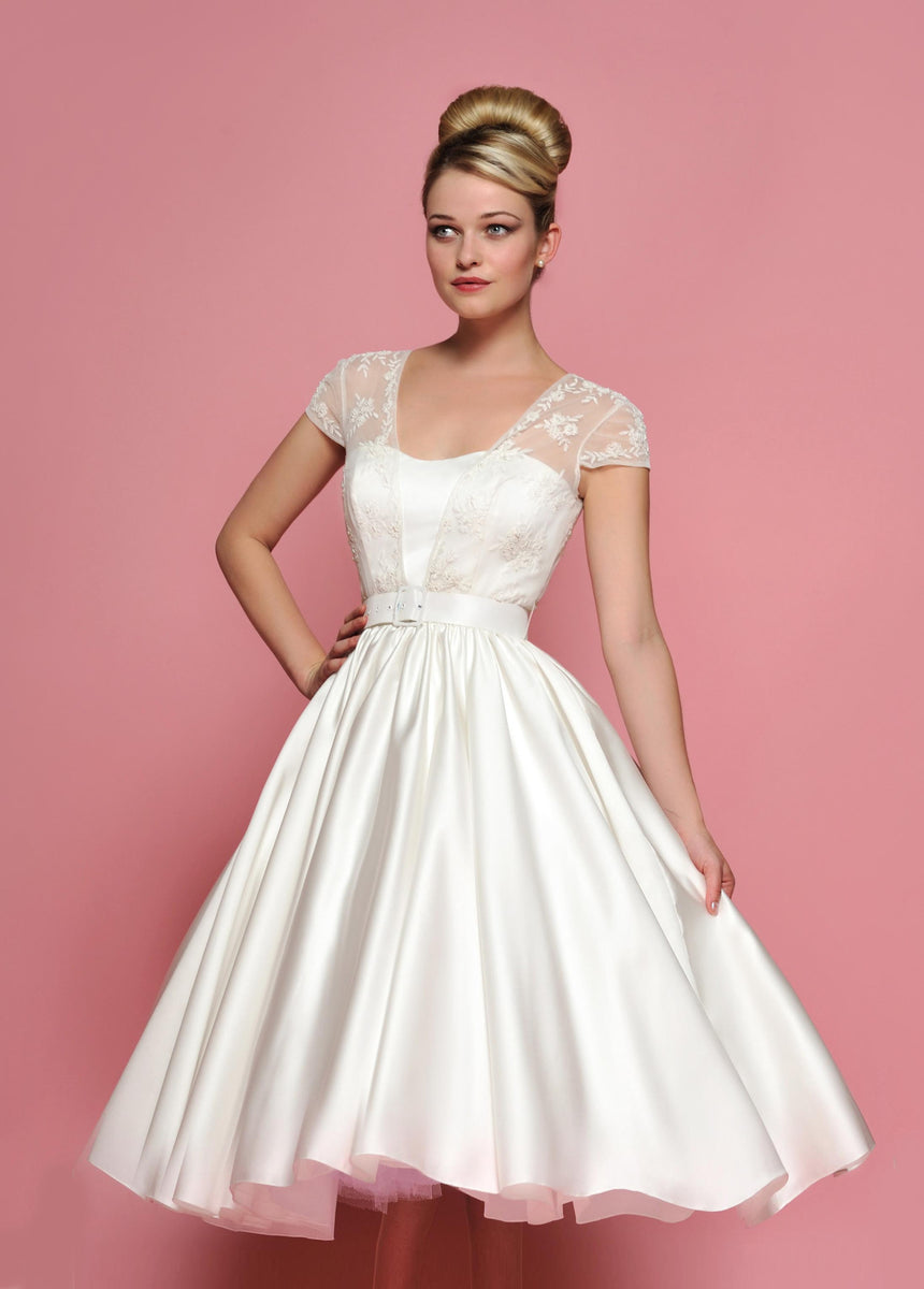 Retro 50s 60s Tea length Cap Sleeves Lace Wedding Dress – JoJo Shop