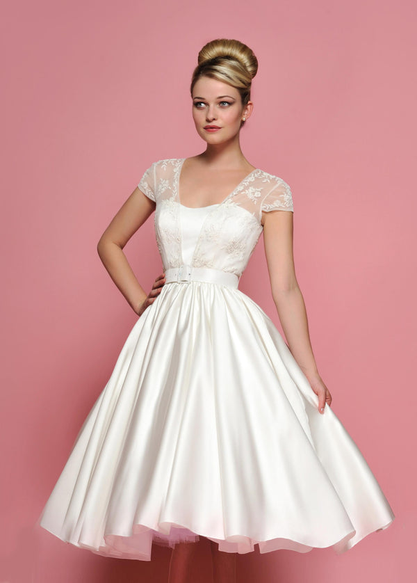 Retro 50s 60s Tea length Cap Sleeves Lace Wedding Dress ...