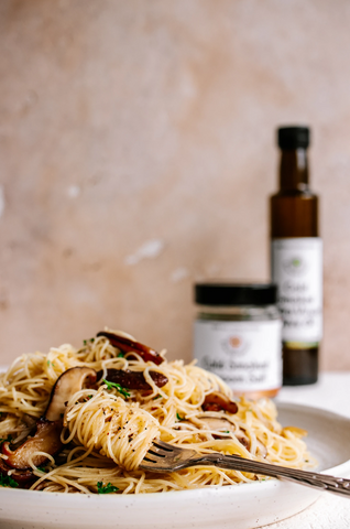 Pasta with wild mushrooms, garlic & smoked olive oil