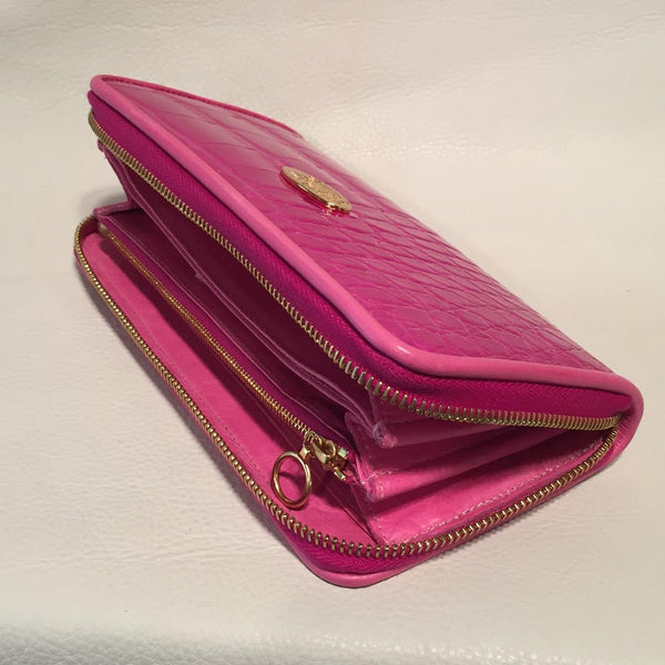 Large Zipper Wallet in Fuchsia Pink Crocodile Leather - Bill Wall Leather