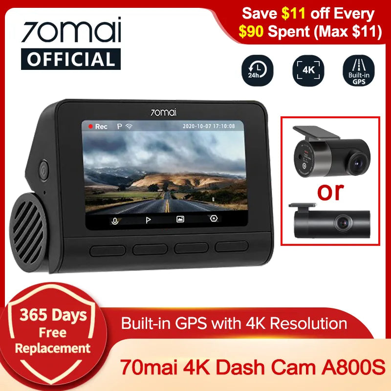 70mai 4K Dash Cam A800S Built-in GPS ADAS 140°FOV 70mai Camera Car DVR 24H Parking Monitor Front Cam Only, Support Rear Cam