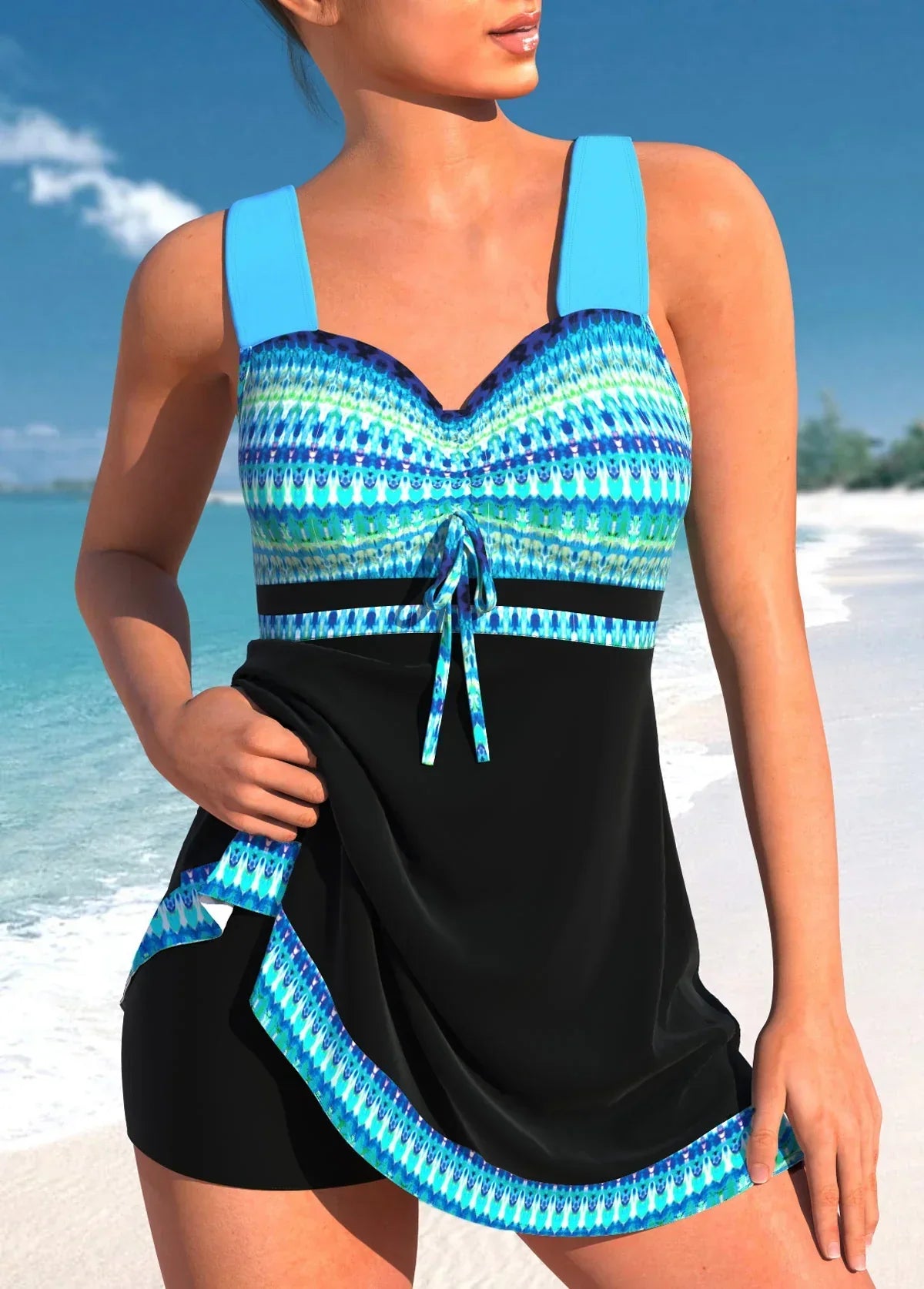 Product Image for DMT|blauer, schmaler, leichter Patchwork-Tankini, Blauw / L