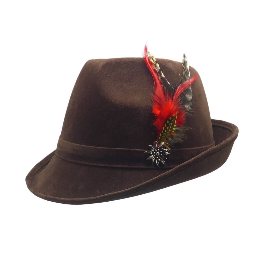 "German Hunter" Brown Hat Fedora With Edelweiss & Feather