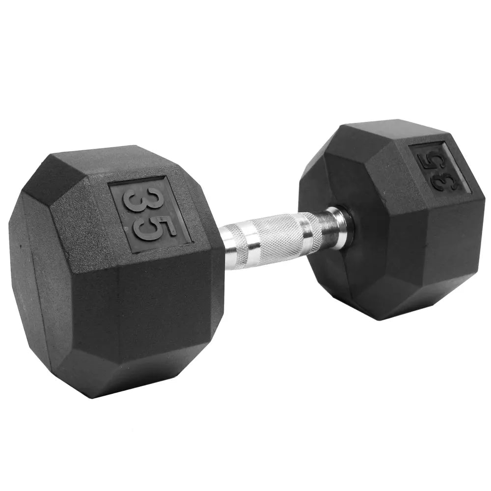 Rubber Coated Hex Dumbbells With Chrome and Textured Handle - 35 lb Single fitness equipment dumbbells