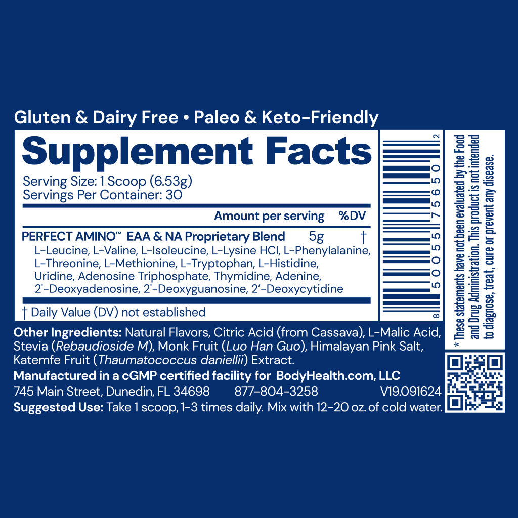 PerfectAmino Powder Strawberry Supplement Label