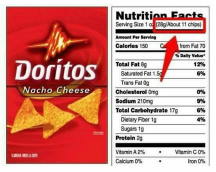 Doritos Nutrition Supplement Facts showing serving size example of 11 chips