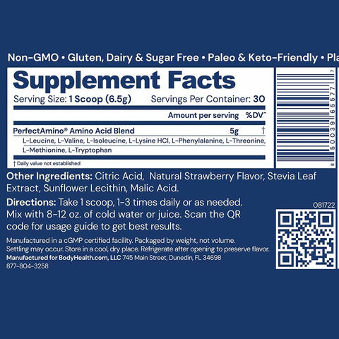 PerfectAmino Powder Strawberry Supplement Label