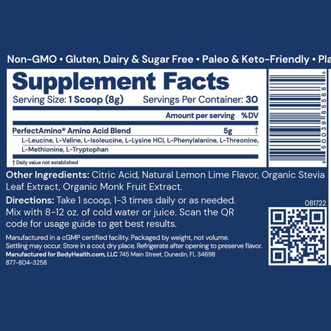 PerfectAmino Powder Lemon Lime Supplement Label