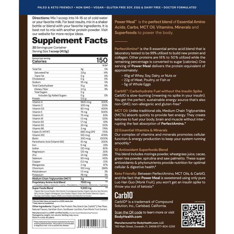 PerfectAmino Power Meal Dark Chocolate Supplement Facts Label.