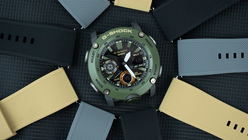 Barton Watch Bands Elite Silicone Khaki, Smoke, and Black with Casio G-Shock GA-2000