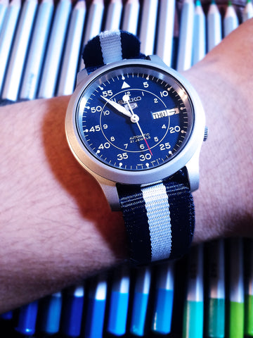 Blue and White NATO Style Strap for Seiko 5 Automatic