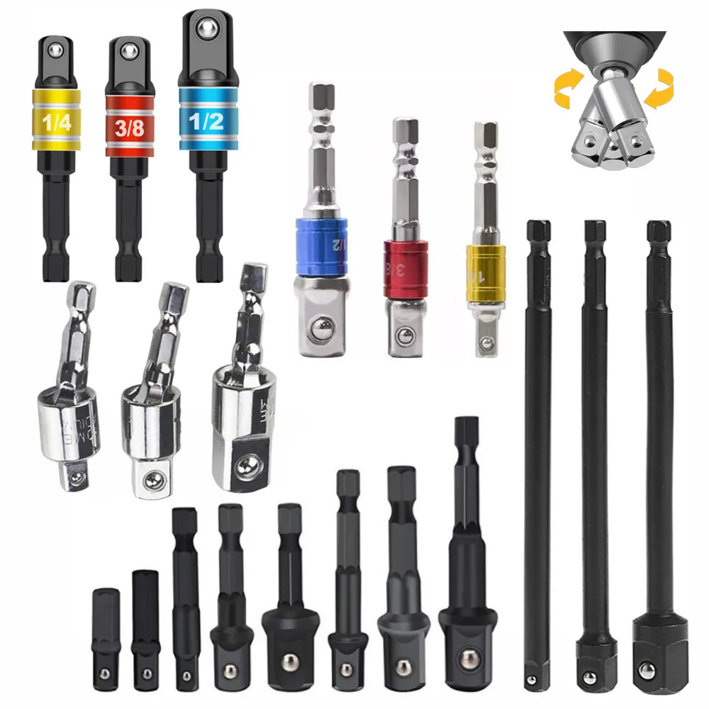 1/4" 3/8" 1/2" Socket Adapter Drill Bits Set Nut Driver Power Extension Impact Grade Hex Shank Adapter Drills Wrench Sleeve