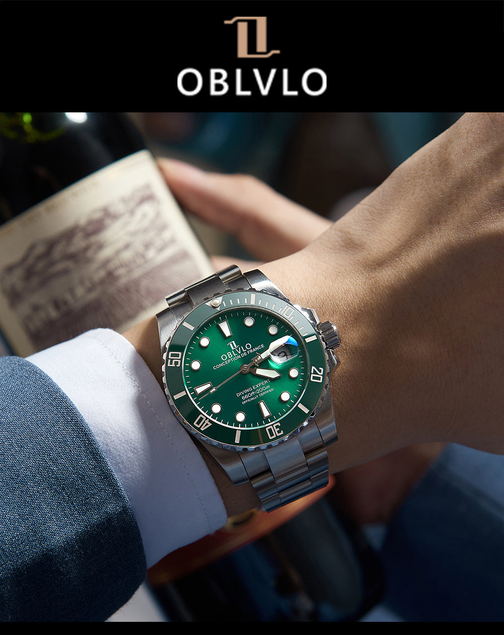 Luxury Classic Green Ceramic Beze Automatic Dive Watches - Oblvlo Design DM-SIM