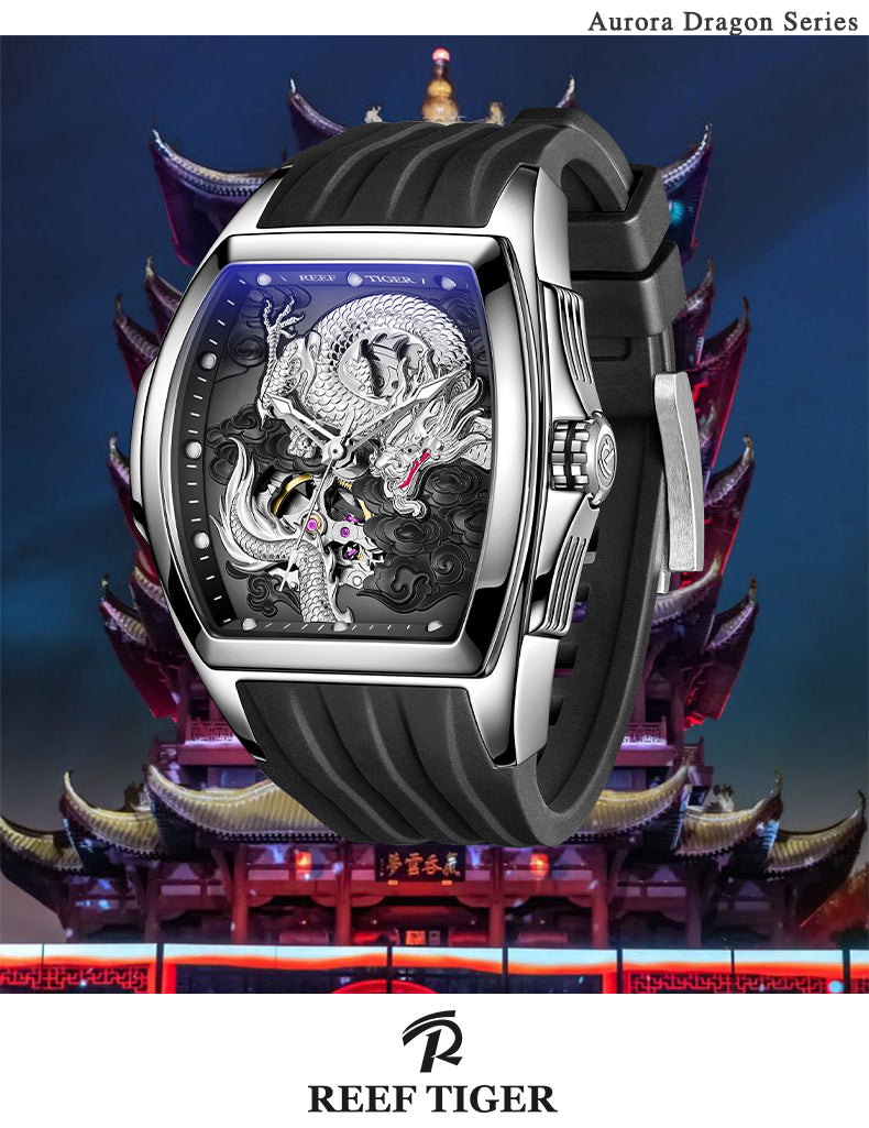 Reef Tiger Aurora Series - Cool Unique Silver China Dragon Skeleton Automatic Watches