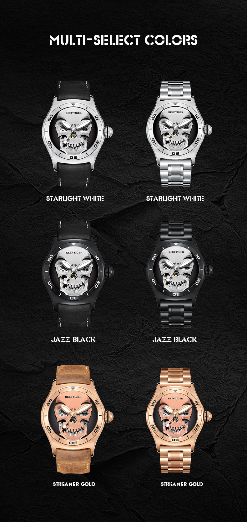 Luxury Reef Tiger Aurora Skull Automatic Mens Watch