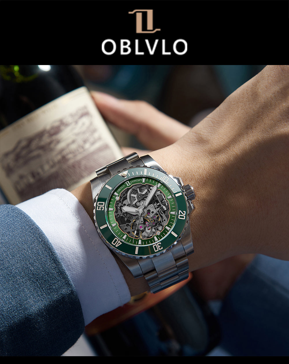 Luxury Oblvlo Design DM-S Green Ceramic Beze Automatic Skeleton Dive Watches