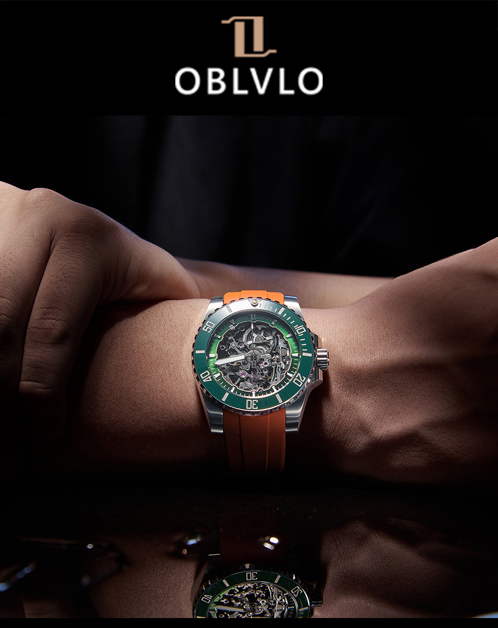 Oblvlo DM OBL DM Luxury Orange Sport Strap Automatic Skeleton Dive Watch