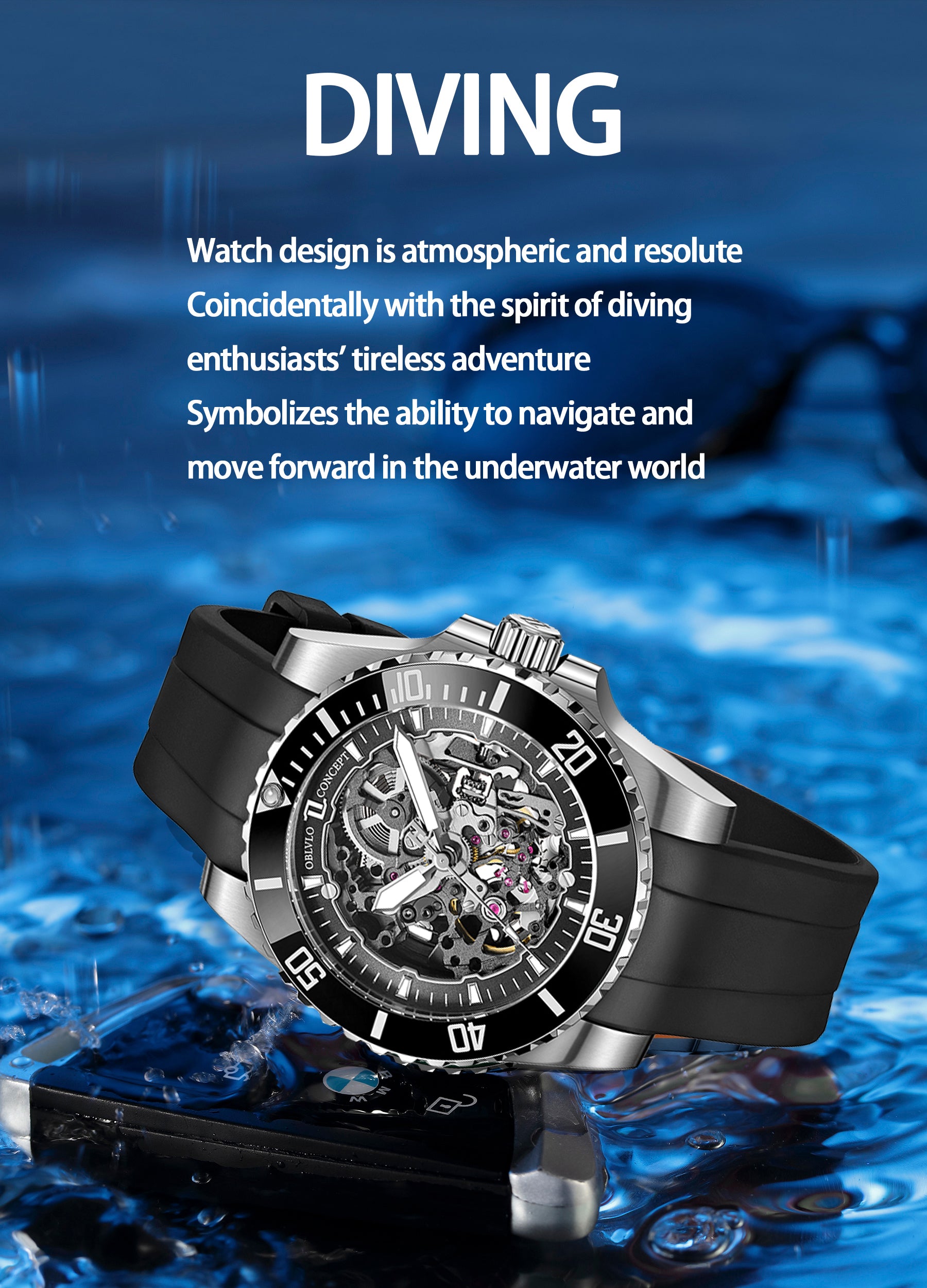 Best Oblvlo Design DM-S Luxury Automatic Skeleton Dive Watch