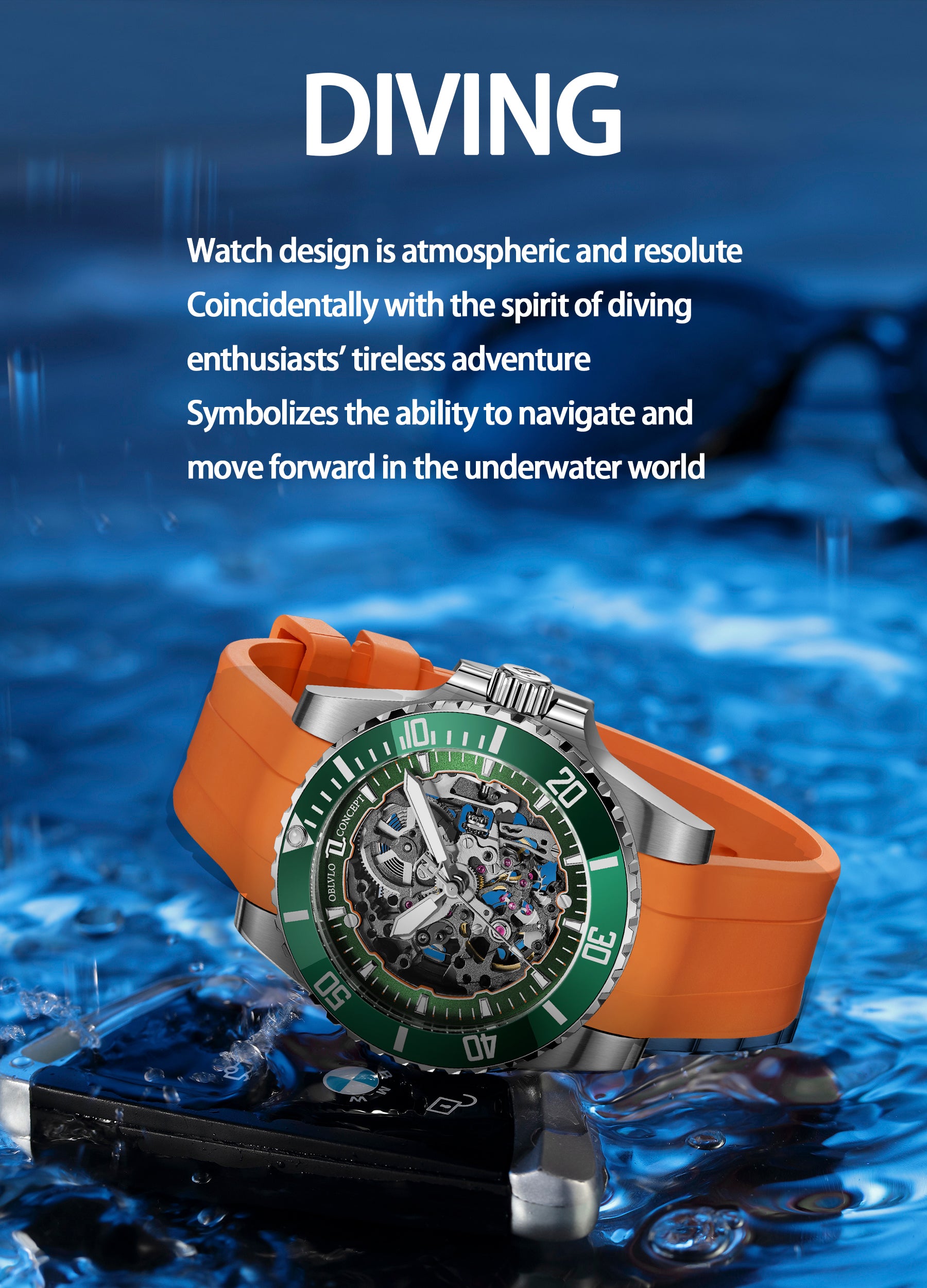 Oblvlo DM OBL DM Luxury Orange Sport Strap Automatic Skeleton Dive Watch