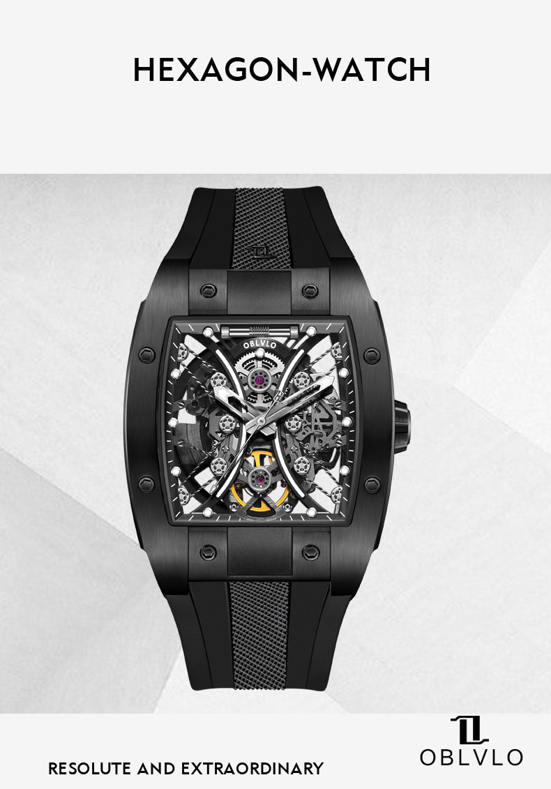 Oblvlo EM-S Black PVD Automatic Skeleton Watches