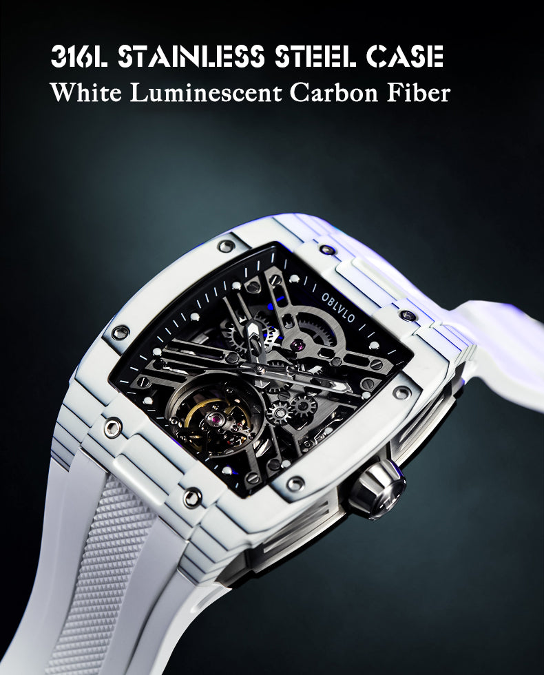 Luxury White Luminescent Carbon Fiber Skeleton Automatic Watches