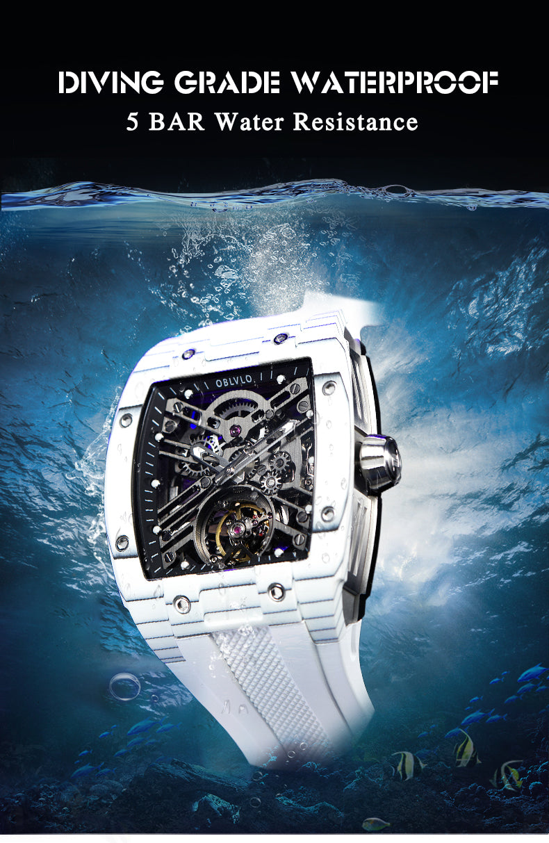 OBLVLO White Luminescent Carbon Fiber Skeleton Automatic Watches