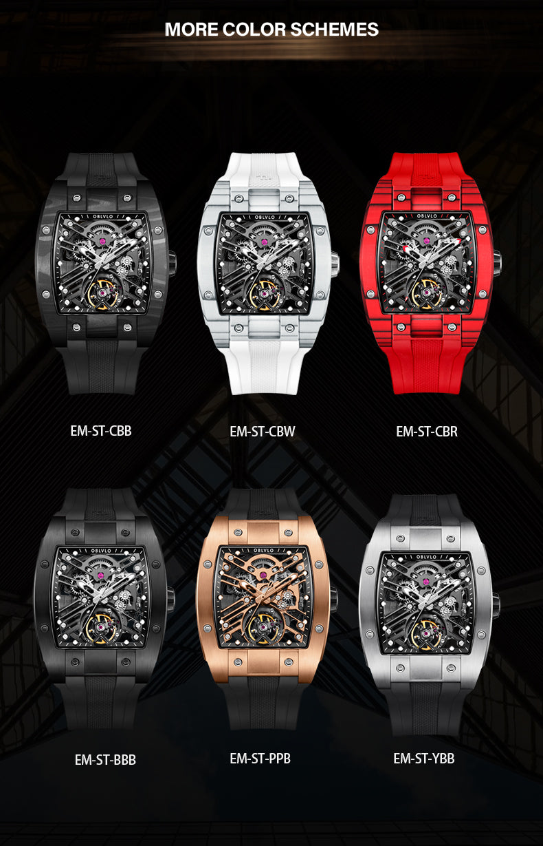 Oblvlo EM-S Luxury Tonneau Mechanical Skeleton Watches