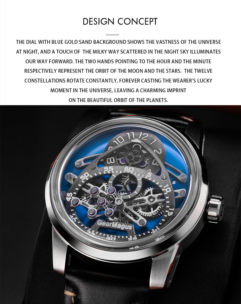 OBLVLO MGS Blue Dial Luxury Self-Winding Automatic Mechanical Skeleton Watches for Men