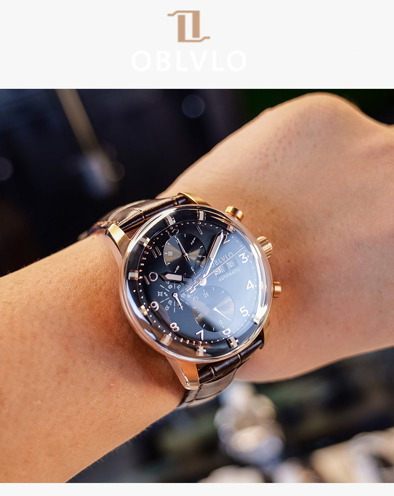 Luxury Rose Gold Chronograph Automatic Pilot Watch For Men - Oblvlo Design IM-MU PBB