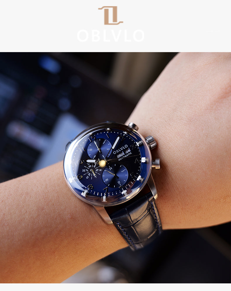 Blue Dial Oblvlo Design Men's Chronograph Pilot Watch - IM-MU YGB