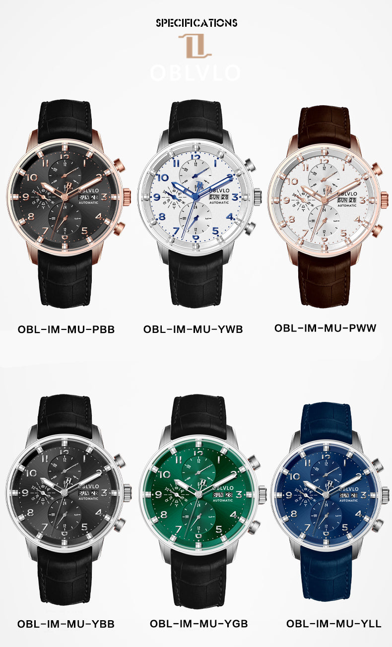 Oblvlo Design IM-MU Series Luxury Pilot Chronograph Watch For Men