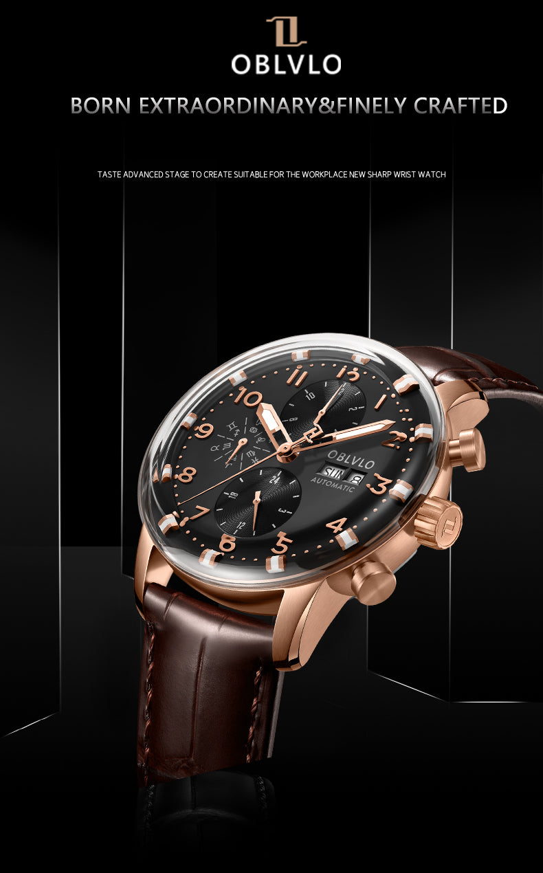 Luxury Rose Gold Chronograph Automatic Pilot Watch For Men - Oblvlo Design IM-MU PBB