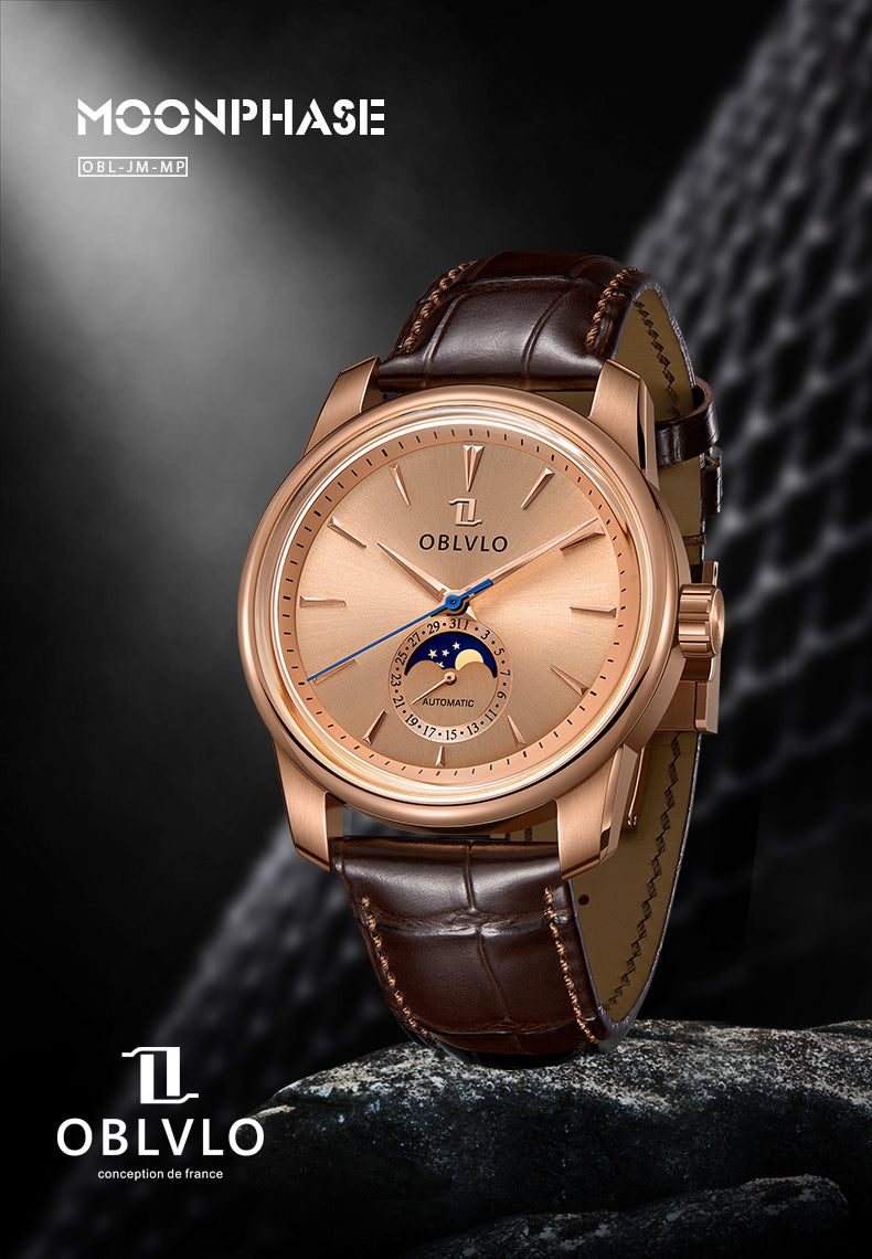 Luxury Vintage Rose Gold Automatic Moon Phase Watches  - Oblvlo Design JM-MP PPWL