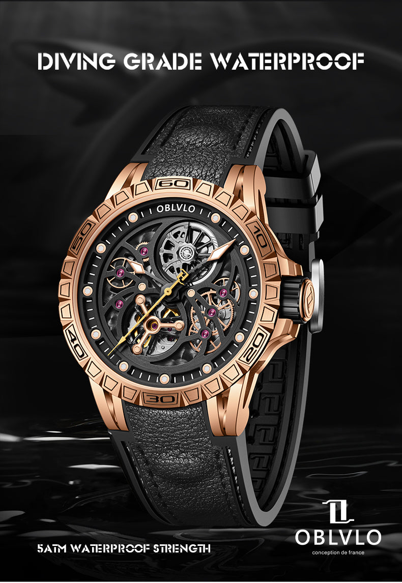 Luxury Rose Gold Skeleton Automatic Watches from Oblvlo LMS PBB