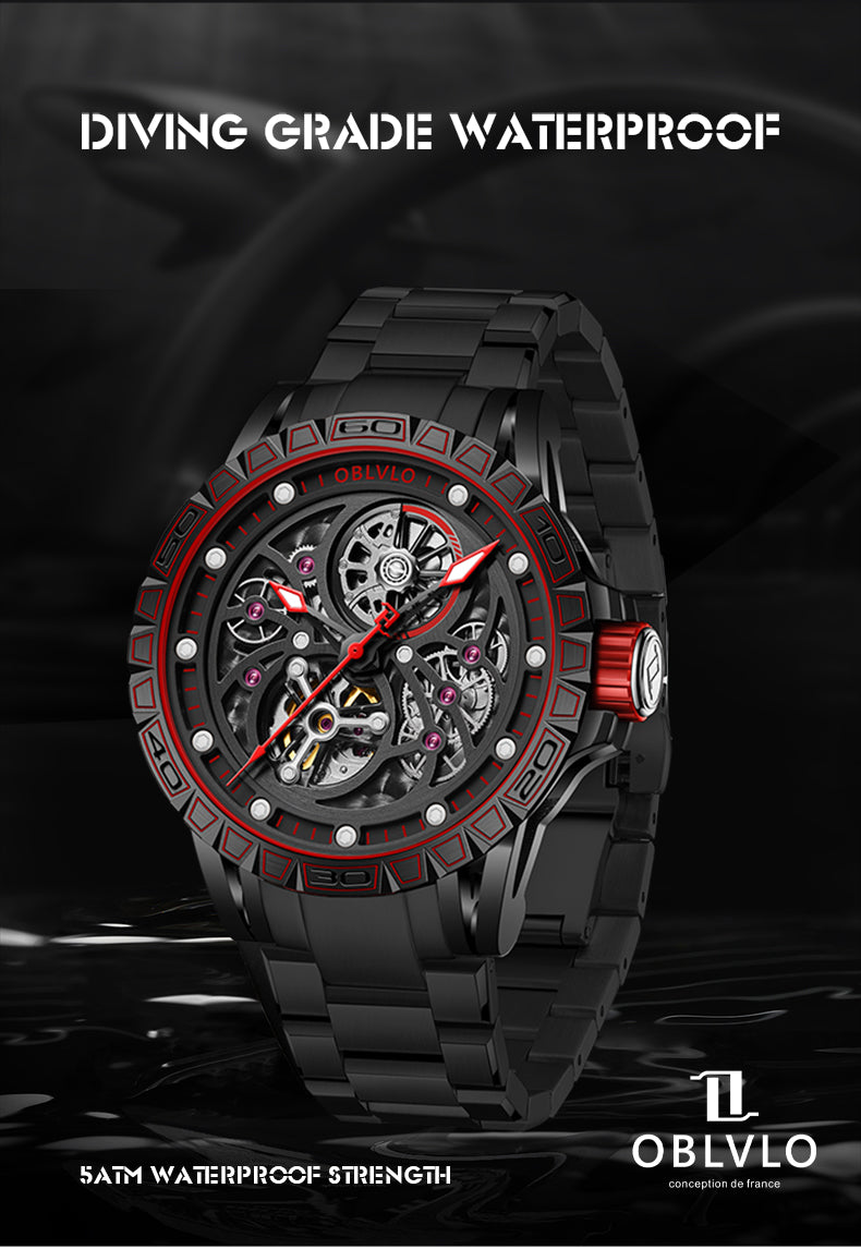 Oblvlo LMS-S BRB Series Black PVD Luxury Automatic Skeleton Watches F