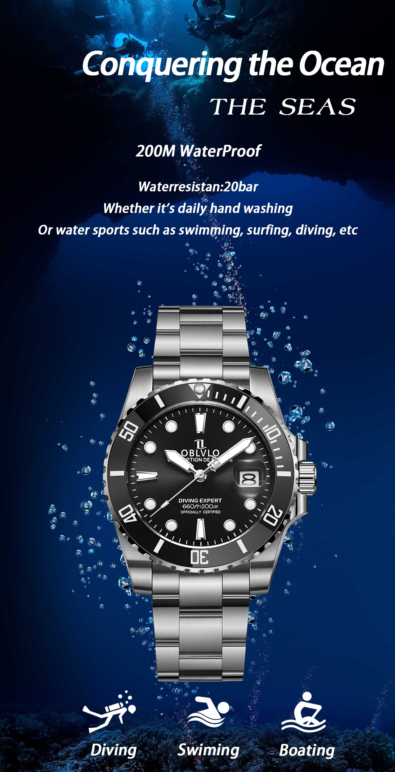 Luxury Classic Automatic Dive Dress Watch For Men -  Oblvlo Design DM-SIM Y