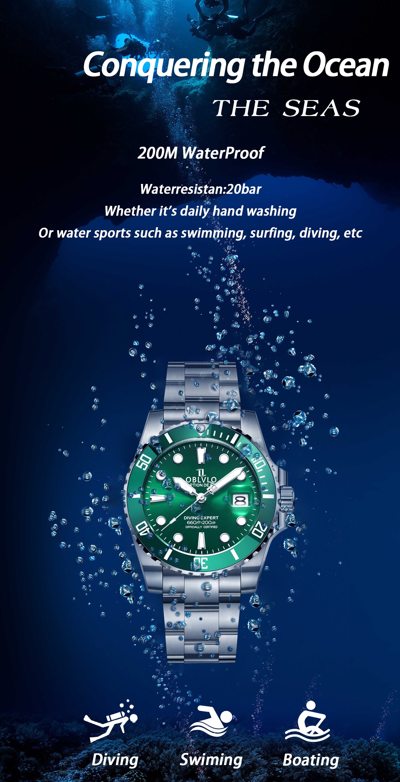 Luxury Classic Green Ceramic Beze Automatic Dive Watches - Oblvlo Design DM-SIM