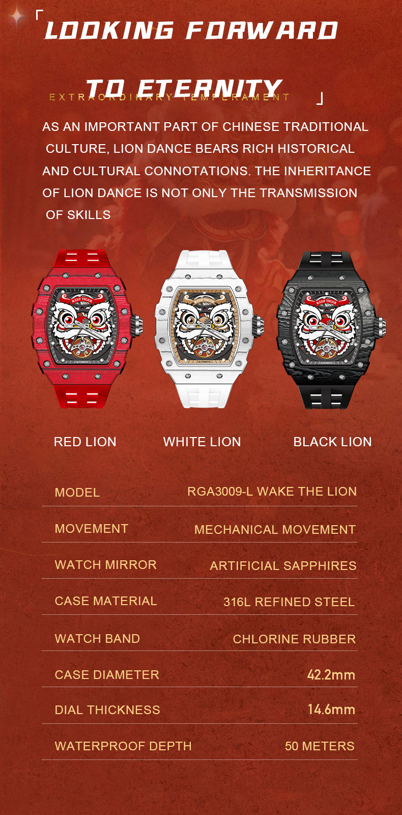 REEF TIGER Fashion Unique Chinese Red Lion Dance Skeleton Automatic Watch