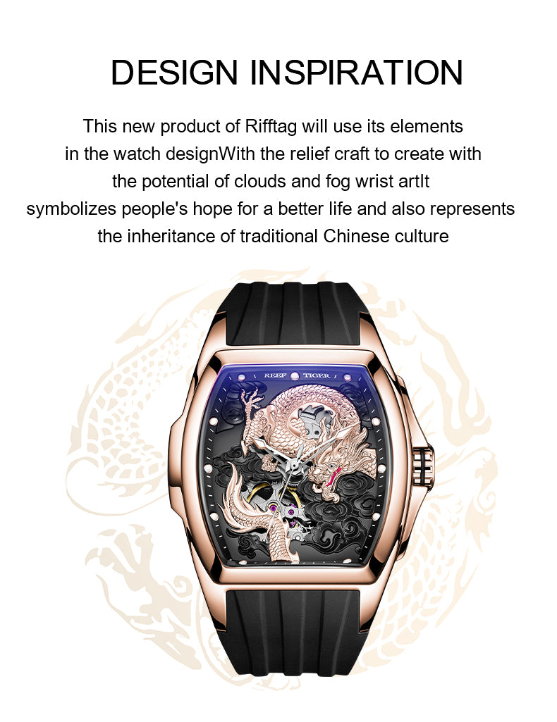 Luxury Rose Gold China Dragon Unique Automatic Watches for Men from Reef Tiger