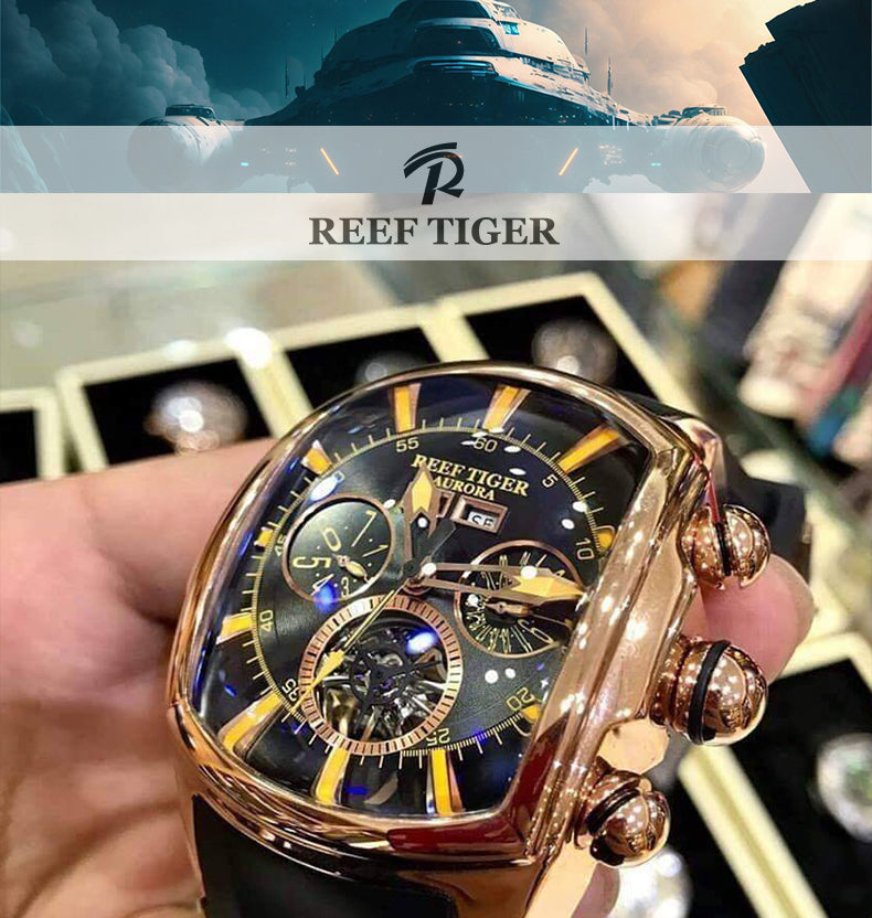 Luxury Reef Tiger Aurora Tank II Automatic Men's Rose Gold Sports Watch