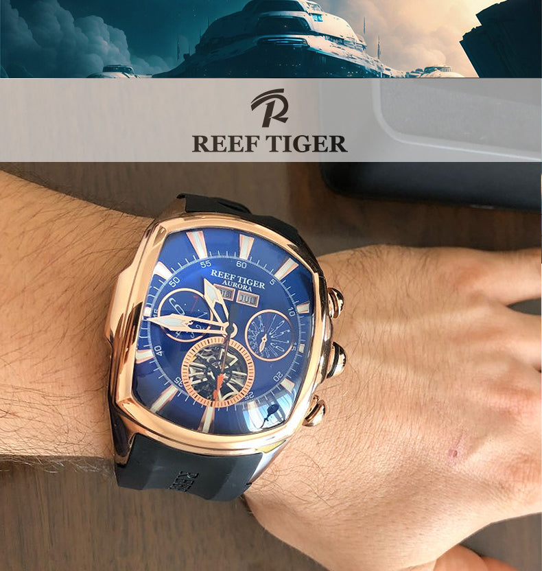 Luxury Reef Tiger Aurora Tank II Sports Automatic Men's Rose Gold Watch