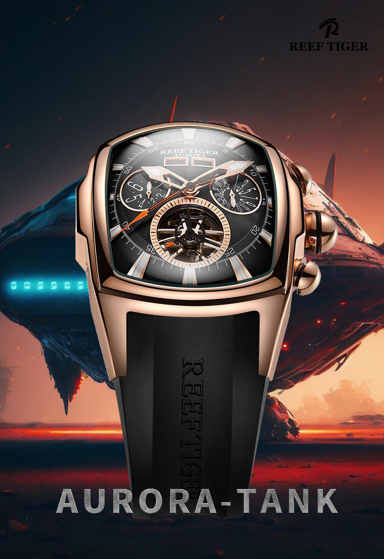 Rose Gold Reef Tiger Aurora Tank II Luxury Mens Automatic Watches