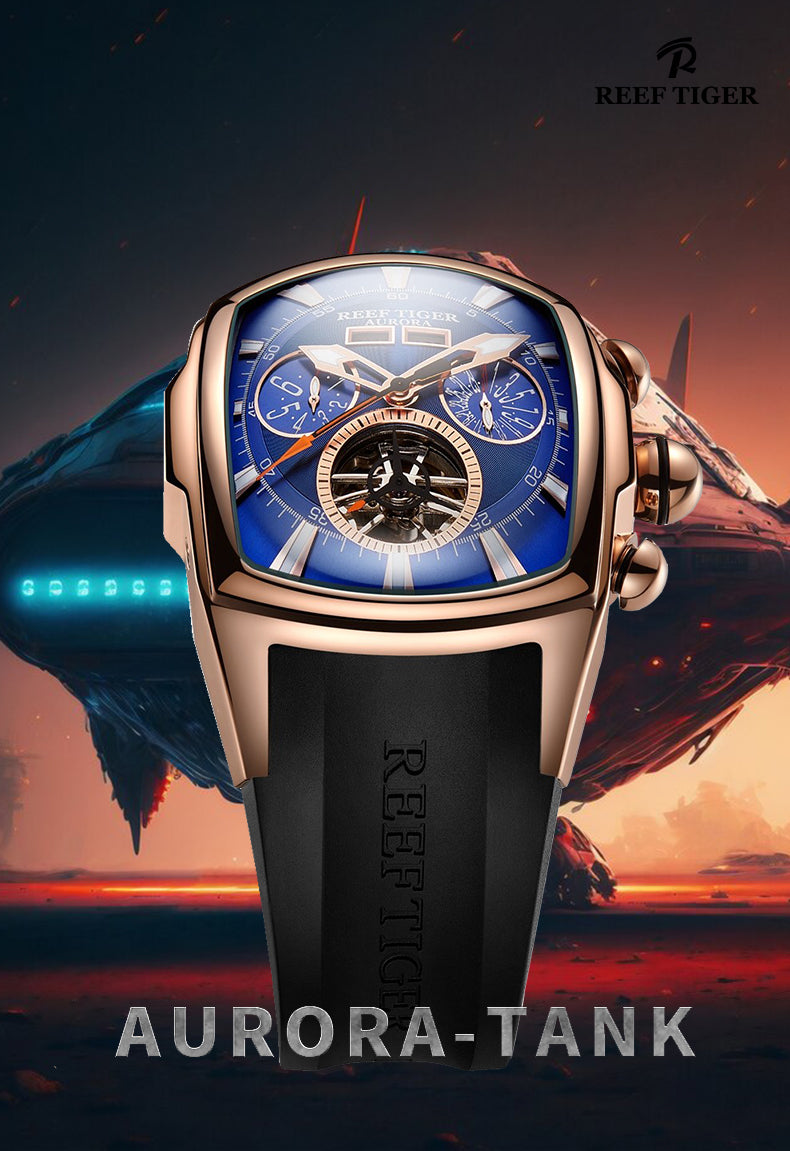 Luxury Reef Tiger Aurora Tank II Sports Automatic Men's Rose Gold Watch