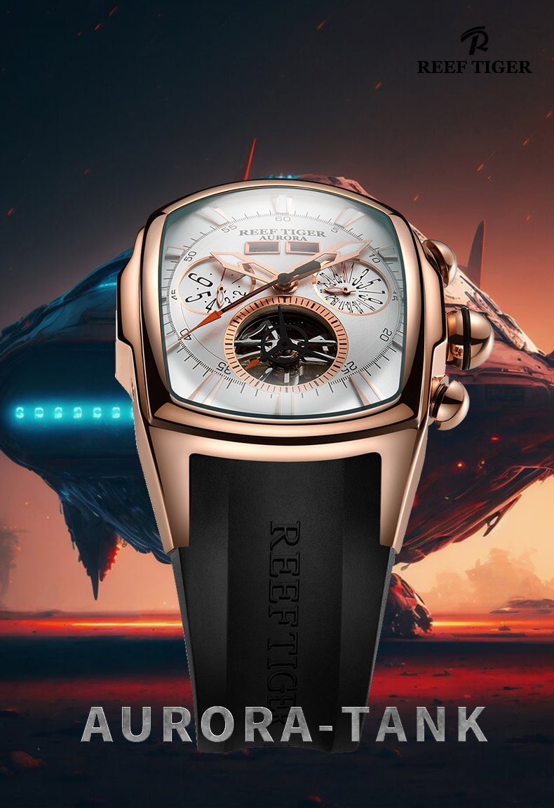 Reef Tiger Aurora Tank II Rose Gold Luxury Sports Automatic Military Watch
